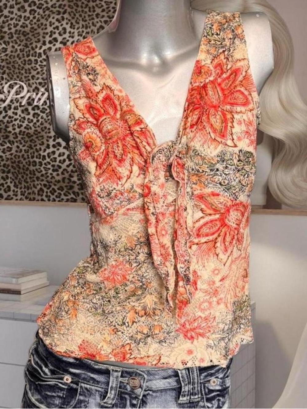 Serendipity Vintage Y2K Orange Brown Floral Tank Top W/ Tie Detail